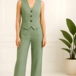 SAGE GREEN LINEN VEST AND PANT SET FOR WOMEN – TRENDY TWO-PIECE SUMMER CO-ORD OUTFIT