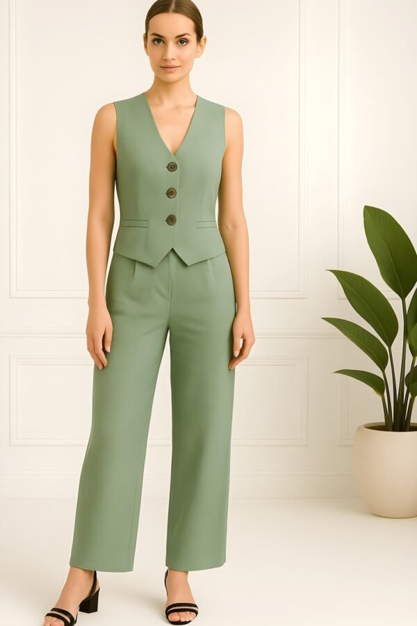 SAGE GREEN LINEN VEST AND PANT SET FOR WOMEN – TRENDY TWO-PIECE SUMMER CO-ORD OUTFIT