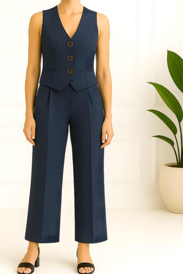 NAVY BLUE LINEN VEST AND PANT SET FOR WOMEN – CLASSIC TWO-PIECE SUMMER CO-ORD OUTFIT
